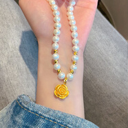 瑞諾黃金玫瑰花珍珠項鏈媽媽款中老年人生日母親節禮物實(shí)用送媽媽禮盒 珍珠玫瑰花項鏈/金重約3.34克