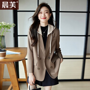晨芙休閑假兩件連帽西裝外套女小個(gè)子韓版時(shí)尚氣質(zhì)寬松百搭小西服上衣 6612咖啡色西裝 XL 建議110-120斤