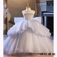 悸囈兒童5-15歲晚禮服女童婚紗禮服高端公主裙走秀主持人花童大拖尾鋼 霧霾藍【拖尾款+同款裙撐】 160 cm