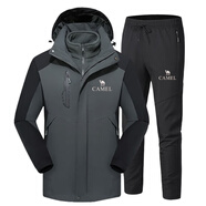 駱駝沖鋒衣套裝男女三合一可拆卸加絨加厚防水防風(fēng)戶(hù)外大碼登山外套裝 男-軍灰+黑褲[一整套] XL 男 [建議120-140斤]