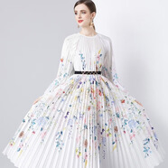 世茵Elegant print long dress連衣裙長(zhǎng)裙長(zhǎng)袖優(yōu)雅收腰氣質(zhì)甜美大擺裙 藍(lán)色 均碼