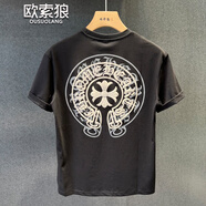 歐索狼高端短袖t恤男裝2024新款夏季潮牌ins潮流重影印花修身體恤上衣服 黑色 XL