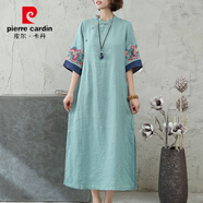 皮爾卡丹新款高端復(fù)古棉麻刺繡中長款連衣裙女夏季民族風(fēng)盤扣寬松長裙子薄 淺藍(lán)色 4XL 150-165斤