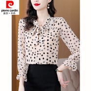 皮爾卡丹（pierre cardin）23年新款襯衫女上衣蝴蝶結(jié)荷葉邊桑蠶絲波點(diǎn)碎花時(shí)尚洋氣減齡 杏色 3XL 135-145斤