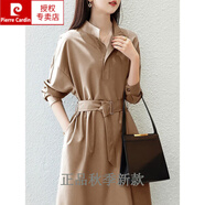 皮爾卡丹（pierre cardin）2025春秋長(cháng)袖連衣裙中長(cháng)款氣質(zhì)法式女裙子休閑襯衫裙高級感茶歇 深卡其布色 XL 建議125-135斤