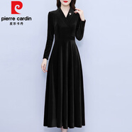 皮爾卡丹（pierre cardin）長(cháng)袖絲絨連衣裙女2025春秋新款高檔品牌洋氣高貴媽|媽秋裝氣質(zhì)裙 黑色 M (95-104斤)