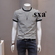 SXA香港潮牌條紋短袖t恤衫男2024夏季新款青年百搭撞色休閑打底上衣 米白色 M