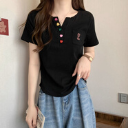 妃麗慕尚大碼微胖V領(lǐng)正肩短袖T恤女2025夏季新款胖mm寬松短款顯瘦遮肉上衣 黑色 4XL 建議180-200斤