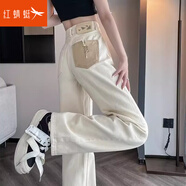 紅蜻蜓牛仔褲女2025年秋季新款直筒褲高腰女裝女士休閑長闊腿加絨褲子女 米白色長褲 L