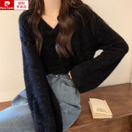 皮爾卡丹（pierre cardin）2025法式氛圍感上衣v領(lǐng)內搭針織衫女秋季新款短款毛衣打底冬上衣 黑色 S  建議70斤-95斤