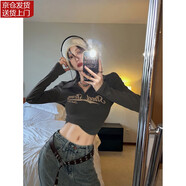 茵向復古美式緊身辣妹T恤女秋季長(cháng)袖內搭短款修身打底衫早秋chic上衣 碳灰色 M