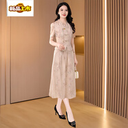 初徑國風(fēng)沙沙旗袍兩件套新款夏秋貴夫人高端品牌名媛十三行連衣裙 杏色【廣州十三行女裝連衣裙/森 M (建議85-105斤)