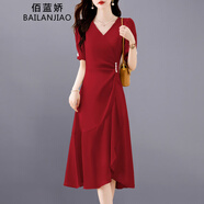佰藍(lán)嬌法式紅色連衣裙女夏季2025新款高級(jí)感氣質(zhì)遮肚子顯瘦魚尾裙子夏天 酒紅色 XL （建議115-125斤）