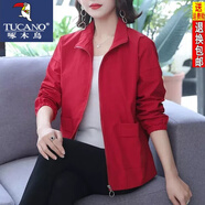 啄木鳥短外套女23年春秋季新款有里布中年女士母親裝上衣服休閑夾克衫翻 紅色 XL 建議120-135斤