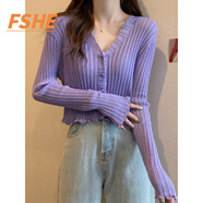 FSHEV領(lǐng)針織衫女春秋2025新款內(nèi)搭顯瘦木耳邊長袖毛衣外套打底上衣 紫色 XL[建議110-120斤]
