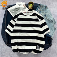 慕幕 撞色橫條紋男短袖T恤加肥加大碼潮胖子寬松夏裝日系復古 黑白條 XL