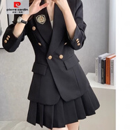 皮爾卡丹（pierre cardin）2025春秋新款小西裝外套女學(xué)院風(fēng)小個(gè)子套裝女修身顯瘦百搭百褶裙 黑色單件西裝 S 【 建議體重85-95斤】