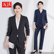 五沃格子職業(yè)裝女裝套裝小西裝外套女秋冬修身工裝面試ol氣質(zhì)正裝西服 藍格外套+西褲 L
