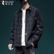 啄木鳥(niǎo)（TUCANO）格子襯衫男日系寬松大碼春秋季休閑潮流百搭工裝復(fù)古襯衣外套上衣 黑色 M 【適合105-125斤】