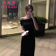 樂雅秀法式純欲風(fēng)黑色露肩一字領(lǐng)連衣裙2025新款性感時尚氣質(zhì)修身針織裙 黑色 M 建議95-105斤