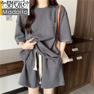 莫代爾睡衣女夏季一套大碼微胖寬松短袖兩件套夏天休閑家居服套裝可外穿 深灰色 套裝-上衣+短褲 XL建議110-120斤