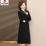 皮爾卡丹（pierre cardin）結婚禮服媽媽喜服春款旗袍春裝新款喜婆婆婚宴春秋冬連衣裙 2387黑色 4XL 【建議140-155斤左右】