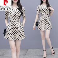 皮爾卡丹（pierre cardin）夏季新款小個(gè)子女士連身褲修身顯瘦氣質(zhì)雪紡V領(lǐng)波點(diǎn)連體短褲套裝 圖片色 S