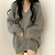 CTOX寬松V領(lǐng)大毛衣女2024新款春秋裝顯瘦百搭中長款慵懶風(fēng)針織衫毛衣 灰色 2XL