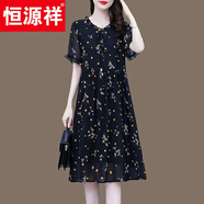 恒源祥2025夏季女裝新款中年媽m胖m裙子女士寬松大尺碼碎花雪紡連衣裙女 黑色 3XL 約145-160斤