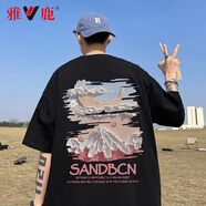 雅鹿短袖t恤男士夏季冰絲速干美式潮流寬松重磅潮牌大碼半袖體恤衣服 T617黑色 5XL 推薦190-220斤