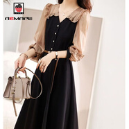 AEMAPE溫柔風(fēng)拼接V領(lǐng)長(cháng)袖連衣裙女2025春秋夏冬款修身氣質(zhì)名媛長(cháng)款裙子 深咖色 M 【建議100斤內】