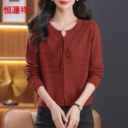 恒源祥初春上衣女鏤空針織衫2024新款春季女裝系帶低領(lǐng)薄毛衣打底衫春秋 紅色 L  110-120斤左右