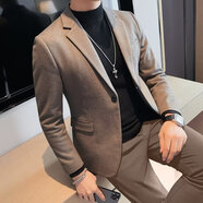 叄南休閑西裝外套男士套裝秋冬季高級感痞帥韓版修身毛呢小西服上衣厚 棕色西服+棕西褲【兩件套】 厚款 XL