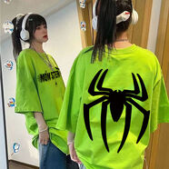蘇愚美式高街蜘蛛印花小眾短袖T恤男女春夏純棉寬松潮牌上衣服情侶款 180克-熒光綠 XL