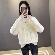 純邇加厚毛衣女2023秋冬新款打底上衣 圓領(lǐng)針織衫手工勾花長(cháng)袖套頭 米白色 均碼