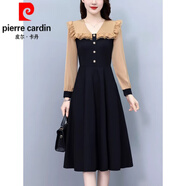 皮爾卡丹（pierre cardin）假兩件字裙長袖連衣裙2024新款女春秋季氣質(zhì)領(lǐng)收腰別致漂亮裙子針 黑色 XL 【115-125斤】