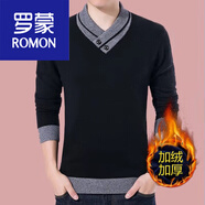 羅蒙（ROMON）冬款羊.毛衫套頭男士純色韓版加厚V領(lǐng)毛衣加絨男裝 黑色加.絨 170碼(適合120-135斤)