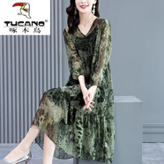 啄木鳥（TUCANO）連衣裙2025夏女新款高端貴夫人法式裙復(fù)古洋氣綠色豹紋連衣裙 苔綠色 XL建議115-125斤