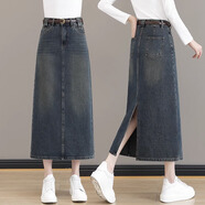 京功加絨加厚牛仔裙復(fù)古加絨牛仔半身裙女秋冬高腰顯瘦中長(zhǎng)款遮胯a字 521#水泥灰 S
