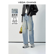 VEGA CHANG牛仔褲女2026年春季新款設計感水洗高腰破洞直筒長(cháng)褲 中藍色 XL