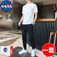 NASA RHUDE夏天套裝男裝潮流男士休閑套裝短袖t恤男套裝男夏季衣服男夏裝 8609白色(短袖+長(cháng)褲) M (90-110斤)
