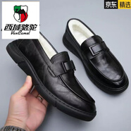 西域駱駝（VANCAMEL）四季款男士真牛皮休閑皮鞋男軟底軟面透氣防滑中老年爸爸男鞋商務(wù) 黑色加絨棉鞋 6188 42