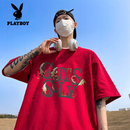 花花公子（PLAYBOY）純棉短袖T恤男大碼男裝胖子300斤加肥加大寬松肥佬圓領(lǐng)潮牌上衣服 DX酒紅GUTS火焰 8XL