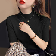 朦朧杏五分袖針織內搭修身半袖打底上衣半高領(lǐng)衫女早秋復古紅毛衣洋氣20 黑色中xiu S