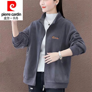 皮爾卡丹（pierre cardin）23年新款【雙面絨】開衫拉鏈寬松外套秋冬中年韓版加絨保暖衛(wèi)衣女 灰色 XL 建議120-130斤