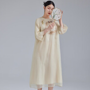 陌遇2025年夏季新款中式復古真絲歐根紗旗袍裙刺繡連衣裙品牌女裝 淡金色 S