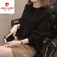 皮爾卡丹春秋裝新款蝙蝠衫套頭寬松上衣顯瘦純色織衫蝙蝠袖氣質(zhì)毛衣女 黑色 80-140斤可穿