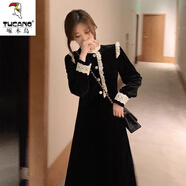 啄木鳥(niǎo)2025秋冬新款金絲絨連衣裙女大尺碼裝打底長(zhǎng)袖赫本風(fēng)小黑裙子潮 黑色 XL 【120-140斤】