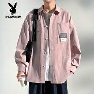 花花公子（PLAYBOY）短袖襯衫男夏季冰絲襯衣男生上衣服潮流夏天休閑工裝外套寸.衫潮 粉色【長(cháng)】 XL