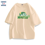 GENIOLAMODEt恤男夏季純棉寬松休閑簡約圓領印花青年百搭短袖男裝 卡其 L